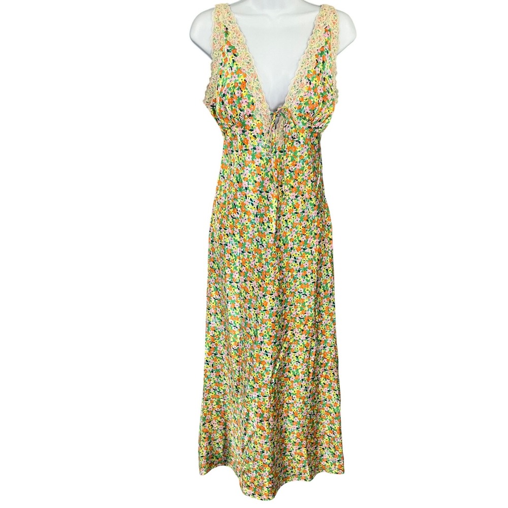 Wild Fable Dainty Floral Maxi Dress‎ Womens Sz S Satin Babydoll Lace Coquette